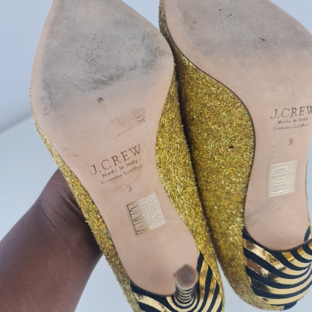 J.Crew Women Roxie Black Gold Glitter Striped Heels Party Size 9 Leather - Picture 10 of 16